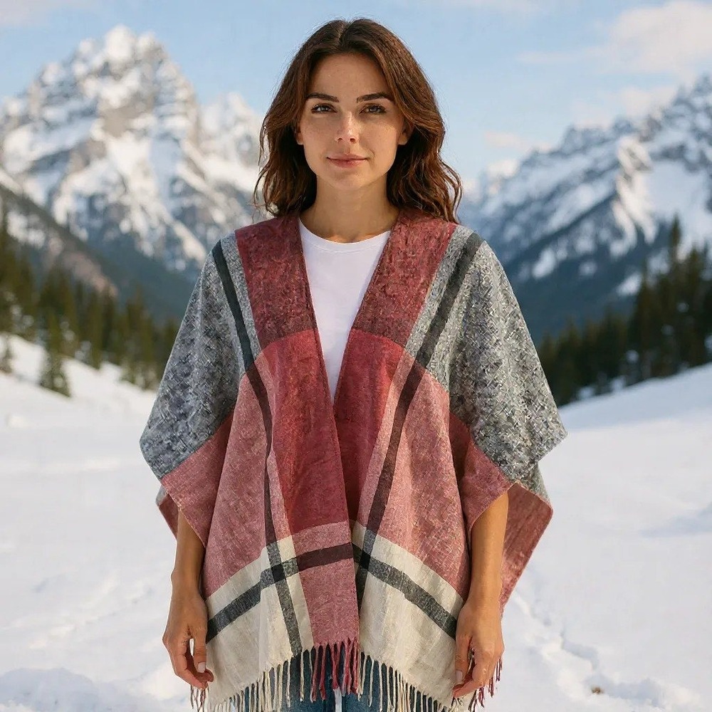 Three Dots Womens One Size Plaid‎ Fringe Hem Poncho Cape Shawl Wrap Gray Pink